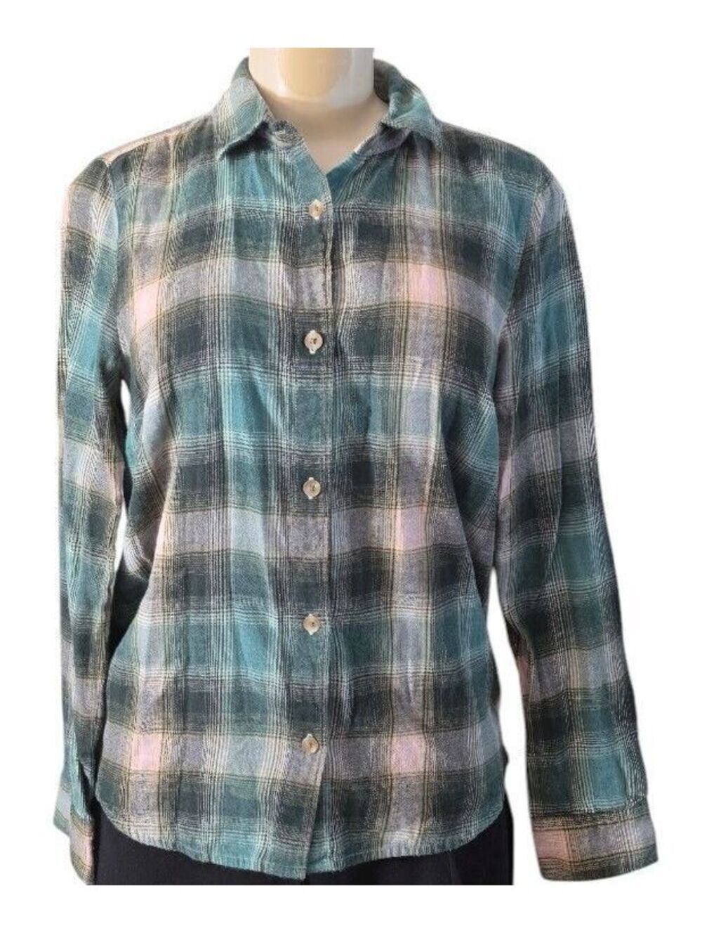 Old Navy Women’s Classic Shirt Green Pink Plaid Cotton Flannel Button Up Small